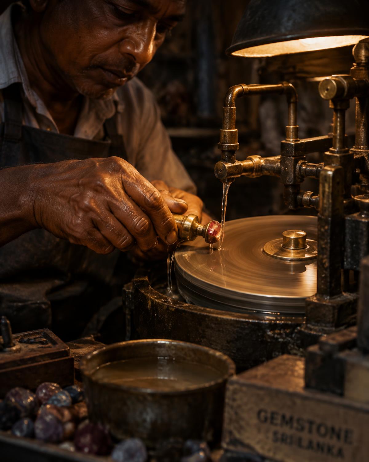 Lapidary craftsman cutting a gemstone